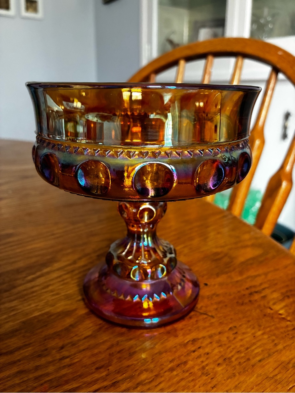 Iridescent Amber Carnival Glass Pedestal Compote/Candy Dish